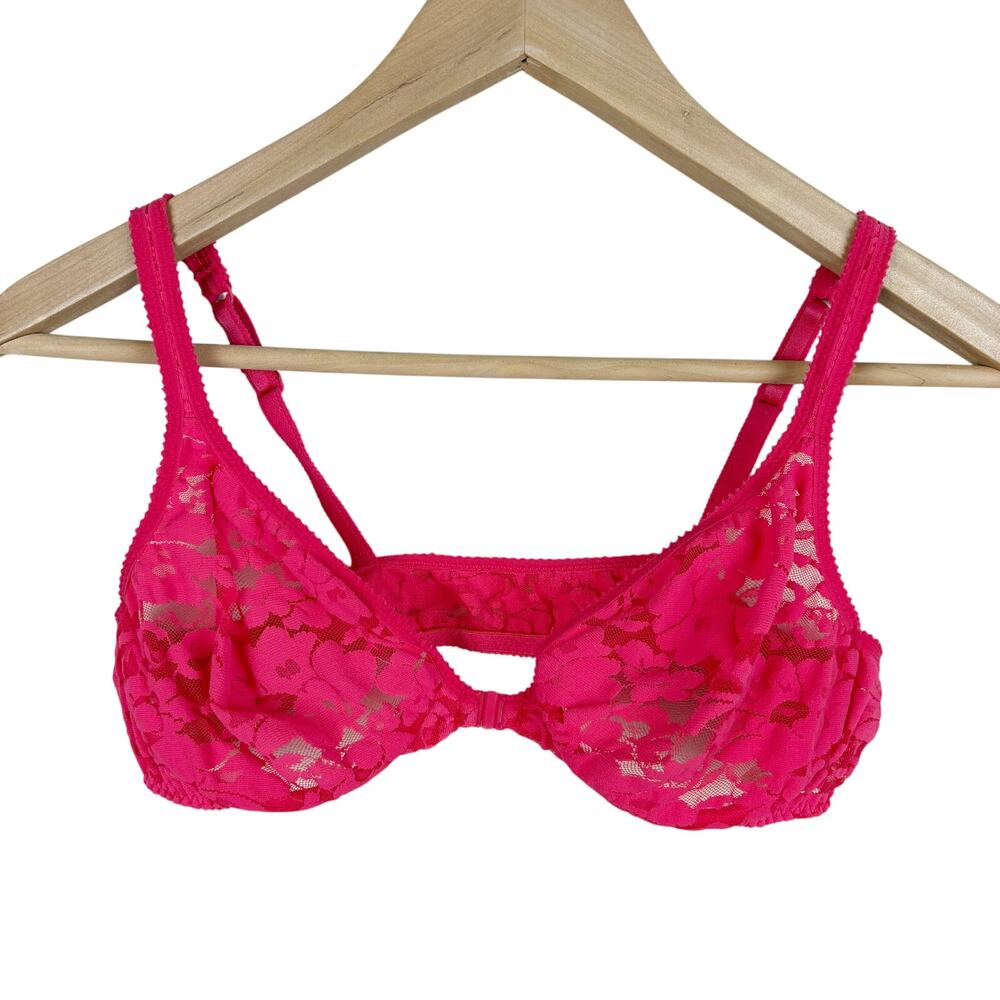 Vtg Victoria's Secret Unlined Mesh Lace Front Close Bra Pink Womens Size 36B